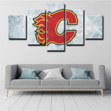 NHL Hockey Team Calgary Flames Scratched Ice Logo 5 Piece Canvas Wall Art Painting Wallpaper Poster Picture Print Photo Decor