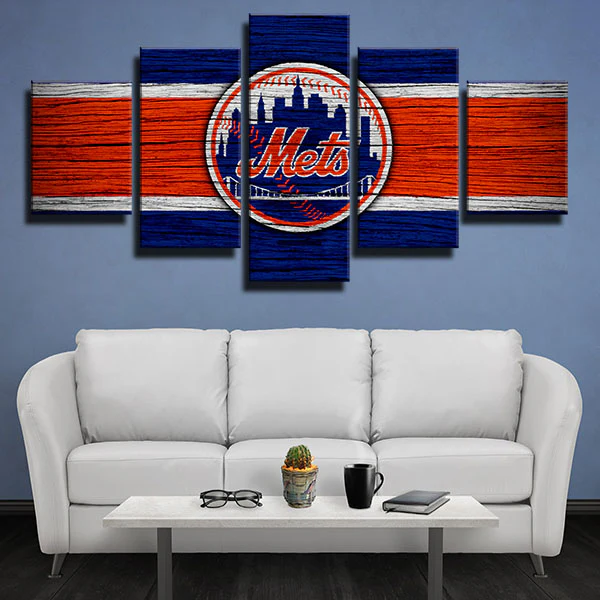 New York Mets MLB Baseball Team Wood Grain Logo 5 Piece Canvas Wall Art Painting Wallpaper Poster Picture Print Photo Decor