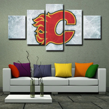 NHL Hockey Team Calgary Flames Scratched Ice Logo 5 Piece Canvas Wall Art Painting Wallpaper Poster Picture Print Photo Decor