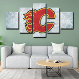 NHL Hockey Team Calgary Flames Scratched Ice Logo 5 Piece Canvas Wall Art Painting Wallpaper Poster Picture Print Photo Decor