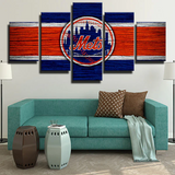New York Mets MLB Baseball Team Wood Grain Logo 5 Piece Canvas Wall Art Painting Wallpaper Poster Picture Print Photo Decor
