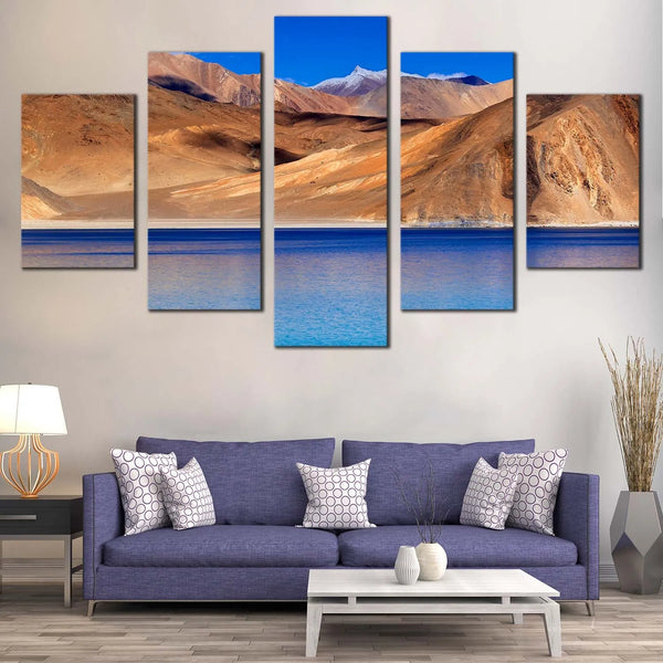 Pangong Tso Lake And Ladakh Mountains Indian Landscape 5 Piece Canvas Wall Art Painting Wallpaper Poster Picture Print Photo Decor