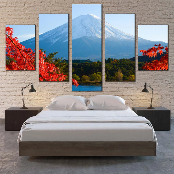 Mount Fuji With Autumn Maple Leaves Japanese Landscape 5 Piece Canvas Wall Art Painting Wallpaper Poster Picture Print Photo Decor