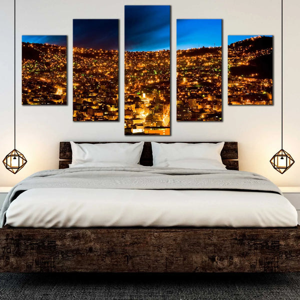 La Paz Cityscape At Night Skyline Bolivia 5 Piece Canvas Wall Art Painting Wallpaper Poster Picture Print Photo Decor