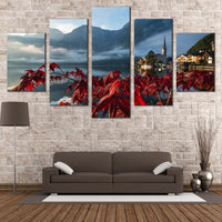 Hallstatt Lake And Red Foliage Austrian Landscape 5 Piece Canvas Wall Art Painting Wallpaper Poster Picture Print Photo Decor