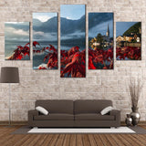 Hallstatt Lake And Red Foliage Austrian Landscape 5 Piece Canvas Wall Art Painting Wallpaper Poster Picture Print Photo Decor