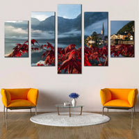 Hallstatt Lake And Red Foliage Austrian Landscape 5 Piece Canvas Wall Art Painting Wallpaper Poster Picture Print Photo Decor