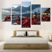 Hallstatt Lake And Red Foliage Austrian Landscape 5 Piece Canvas Wall Art Painting Wallpaper Poster Picture Print Photo Decor