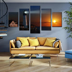 Portland Head Lighthouse Sunset Over Cliff And Ocean 5 Piece Canvas Wall Art Painting Wallpaper Poster Picture Print Photo Decor