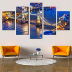 Tower Bridge London Night Lights Thames River 5 Piece Canvas Wall Art Painting Wallpaper Poster Picture Print Photo Decor
