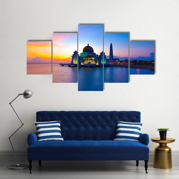 Masjid Selat Melaka Majestic Sunset Mosque Malaysia 5 Piece Canvas Wall Art Painting Wallpaper Poster Picture Print Photo Decor