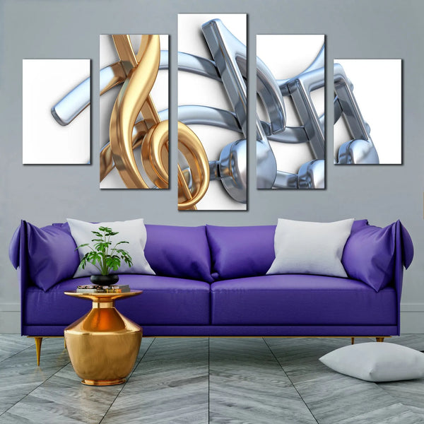 3D Metallic Music Gold And Silver Musical Notes 5 Piece Canvas Wall Art Painting Wallpaper Poster Picture Print Photo Decor