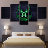 NBA Basketball Team Milwaukee Bucks Neon Logo 5 Piece Canvas Wall Art Painting Wallpaper Poster Picture Print Photo Decor