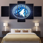 Minnesota Timberwolves Neon Logo NBA Basketball Team 5 Piece Canvas Wall Art Painting Wallpaper Poster Picture Print Photo Decor