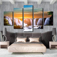 Majestic Waterfall At Sunrise With Orange Sky 5 Piece Canvas Wall Art Painting Wallpaper Poster Picture Print Photo Decor