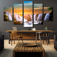 Majestic Waterfall At Sunrise With Orange Sky 5 Piece Canvas Wall Art Painting Wallpaper Poster Picture Print Photo Decor