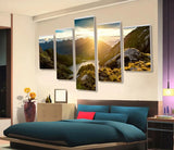 Mountain Landscape At Sunrise With River View 5 Piece Canvas Wall Art Painting Wallpaper Poster Picture Print Photo Decor