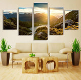 Mountain Landscape At Sunrise With River View 5 Piece Canvas Wall Art Painting Wallpaper Poster Picture Print Photo Decor