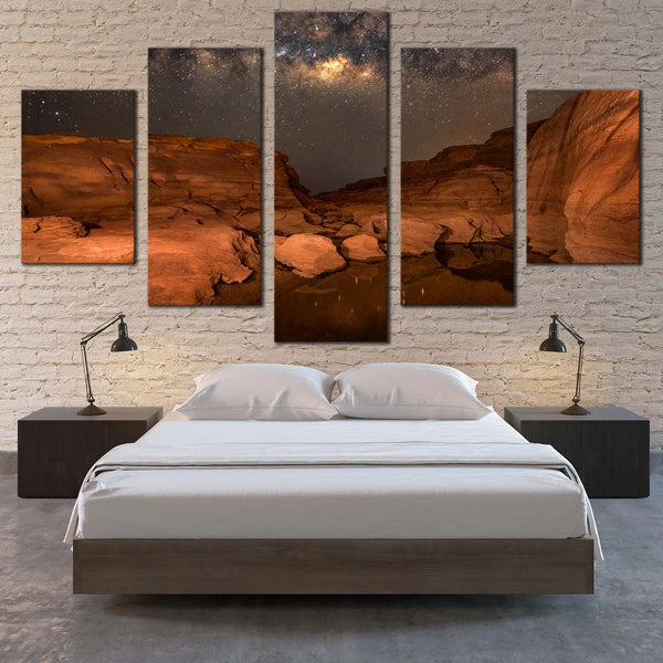 Milky Way Over Desert Canyon Mountain Landscape 5 Piece Canvas Wall Art Painting Wallpaper Poster Picture Print Photo Decor