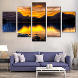 Golden Sunset Over Mountain Lake Reflection Landscape 5 Piece Canvas Wall Art Painting Wallpaper Poster Picture Print Photo Decor
