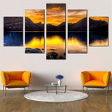 Golden Sunset Over Mountain Lake Reflection Landscape 5 Piece Canvas Wall Art Painting Wallpaper Poster Picture Print Photo Decor
