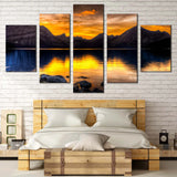 Golden Sunset Over Mountain Lake Reflection Landscape 5 Piece Canvas Wall Art Painting Wallpaper Poster Picture Print Photo Decor