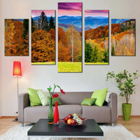 Mountain Landscape Autumn Trees Purple Sky Nature 5 Piece Canvas Wall Art Painting Wallpaper Poster Picture Print Photo Decor