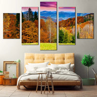 Mountain Landscape Autumn Trees Purple Sky Nature 5 Piece Canvas Wall Art Painting Wallpaper Poster Picture Print Photo Decor