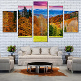Mountain Landscape Autumn Trees Purple Sky Nature 5 Piece Canvas Wall Art Painting Wallpaper Poster Picture Print Photo Decor