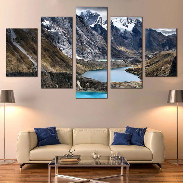 Huayhuash Mountain Landscape Trek With Blue Lagoons 5 Piece Canvas Wall Art Painting Wallpaper Poster Picture Print Photo Decor