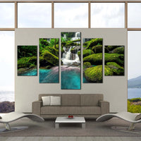 Mountain Waterfall Phetchabun Thailand Scenic Green 5 Piece Canvas Wall Art Painting Wallpaper Poster Picture Print Photo Decor