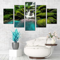 Mountain Waterfall Phetchabun Thailand Scenic Green 5 Piece Canvas Wall Art Painting Wallpaper Poster Picture Print Photo Decor