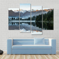 Peaceful Mountain Trees Forest Reflection In Lake 4 Piece Canvas Wall Art Painting Wallpaper Poster Picture Print Photo Decor