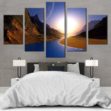 Mountain River Sunrise Golden Sky Landscape 5 Piece Canvas Wall Art Painting Wallpaper Poster Picture Print Photo Decor