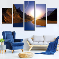 Mountain River Sunrise Golden Sky Landscape 5 Piece Canvas Wall Art Painting Wallpaper Poster Picture Print Photo Decor