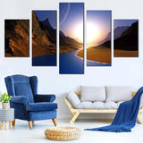Mountain River Sunrise Golden Sky Landscape 5 Piece Canvas Wall Art Painting Wallpaper Poster Picture Print Photo Decor