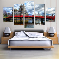 Matsumoto Castle With Red Bridge Nagano Ken Japan 5 Piece Canvas Wall Art Painting Wallpaper Poster Picture Print Photo Decor