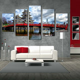 Matsumoto Castle With Red Bridge Nagano Ken Japan 5 Piece Canvas Wall Art Painting Wallpaper Poster Picture Print Photo Decor