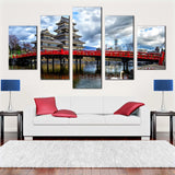 Matsumoto Castle With Red Bridge Nagano Ken Japan 5 Piece Canvas Wall Art Painting Wallpaper Poster Picture Print Photo Decor