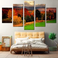 Vermont Fall Foliage Red Yellow Trees Nature Forest 5 Piece Canvas Wall Art Painting Wallpaper Poster Picture Print Photo Decor