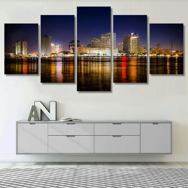 New Orleans Night Skyline Reflection Cityscape 5 Piece Canvas Wall Art Painting Wallpaper Poster Picture Print Photo Decor