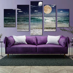 Moonlit Ocean Waves Night Sky Green Beach Sand 5 Piece Canvas Wall Art Painting Wallpaper Poster Picture Print Photo Decor
