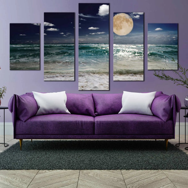 Moonlit Ocean Waves Night Sky Green Beach Sand 5 Piece Canvas Wall Art Painting Wallpaper Poster Picture Print Photo Decor