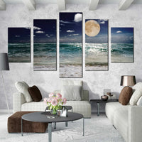 Moonlit Ocean Waves Night Sky Green Beach Sand 5 Piece Canvas Wall Art Painting Wallpaper Poster Picture Print Photo Decor
