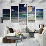 Moonlit Ocean Waves Night Sky Green Beach Sand 5 Piece Canvas Wall Art Painting Wallpaper Poster Picture Print Photo Decor