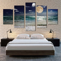 Moonlit Ocean Waves Night Sky Green Beach Sand 5 Piece Canvas Wall Art Painting Wallpaper Poster Picture Print Photo Decor