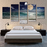 Moonlit Ocean Waves Night Sky Green Beach Sand 5 Piece Canvas Wall Art Painting Wallpaper Poster Picture Print Photo Decor