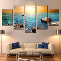 Ocean Rocks At Sunrise On Stony Beach Nature 5 Piece Canvas Wall Art Painting Wallpaper Poster Picture Print Photo Decor