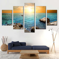 Ocean Rocks At Sunrise On Stony Beach Nature 5 Piece Canvas Wall Art Painting Wallpaper Poster Picture Print Photo Decor