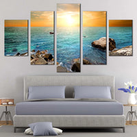 Ocean Rocks At Sunrise On Stony Beach Nature 5 Piece Canvas Wall Art Painting Wallpaper Poster Picture Print Photo Decor